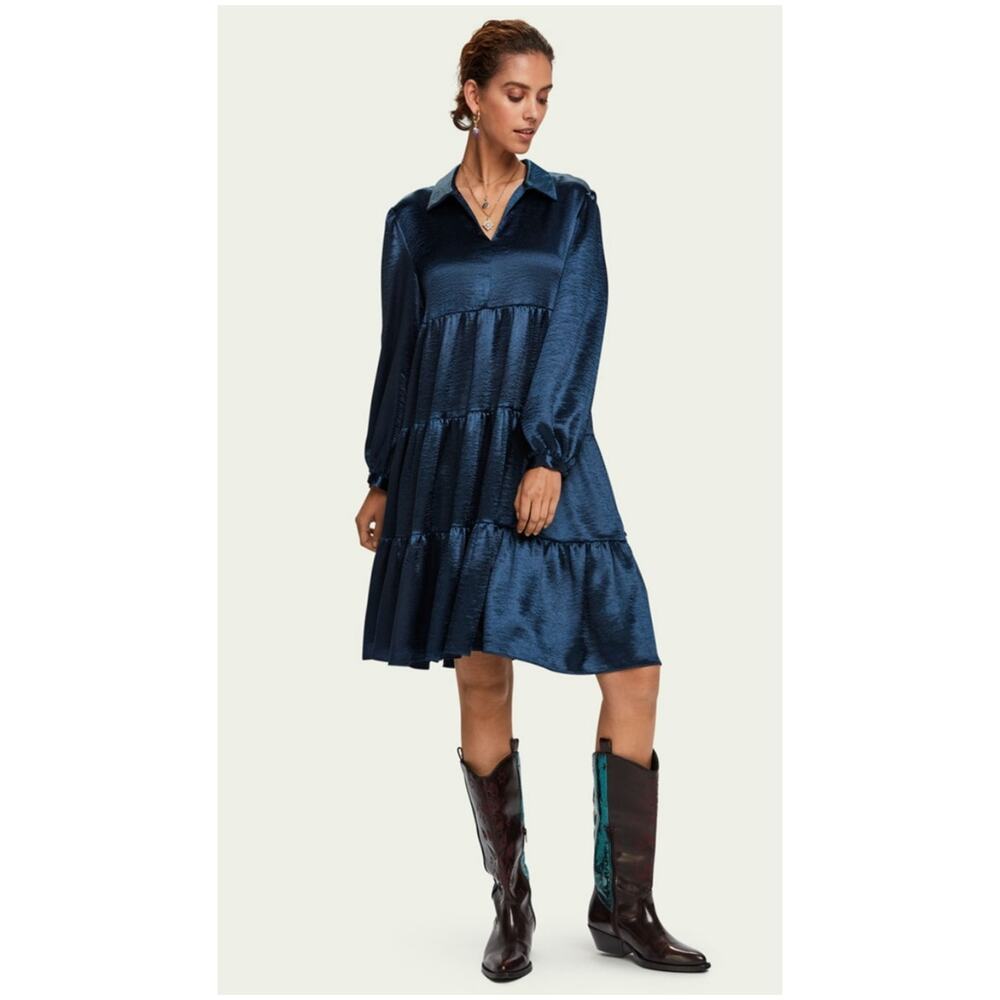 Scotch & Soda Satin Maison Navy Blue Tiered Skirt Midi Dress | Size Large